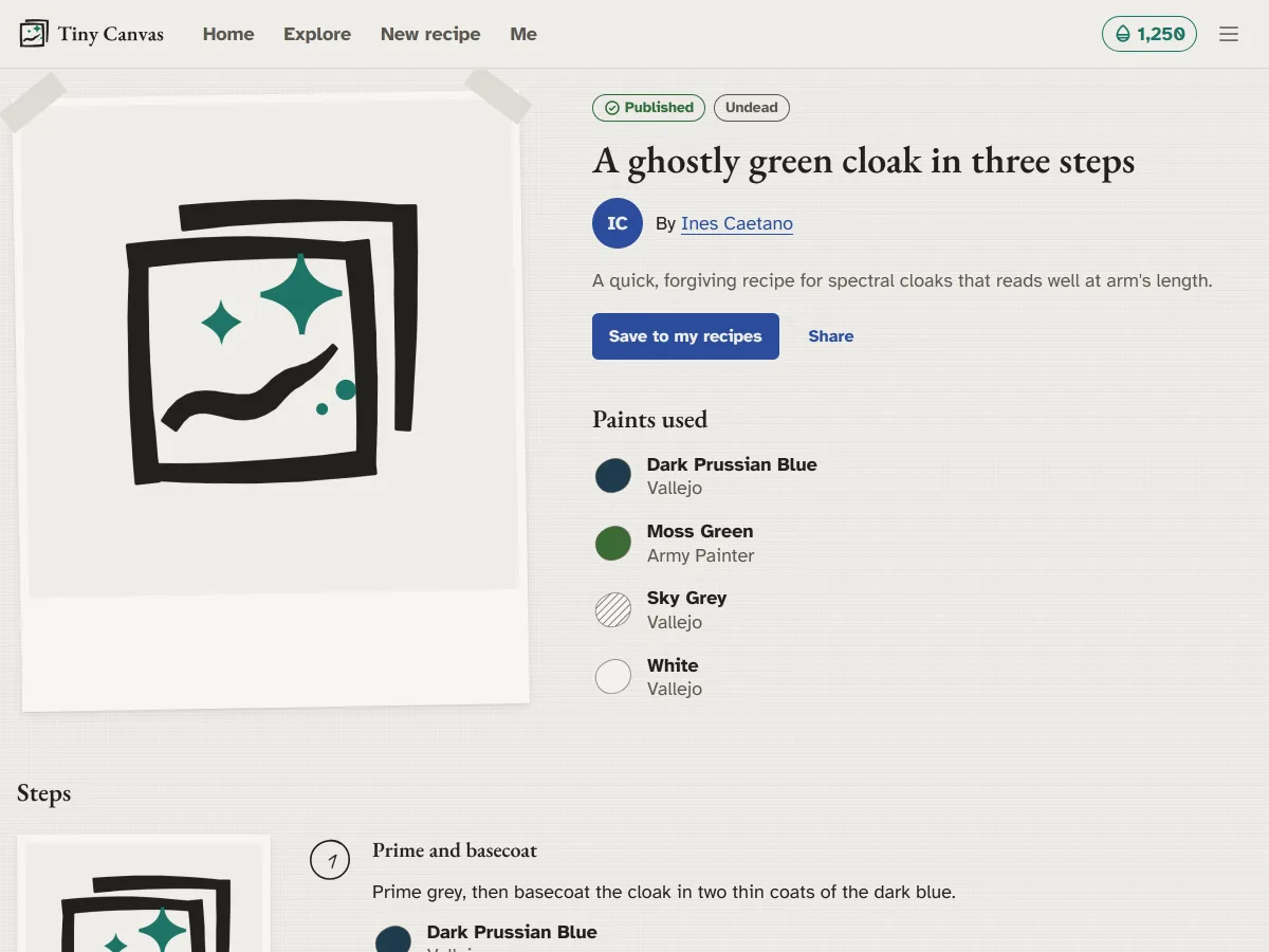Preview of a Tiny Canvas recipe page, with the paints used and numbered steps.